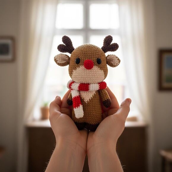Reindeer Plush Toy with Red Nose and Scarf, Christmas Deer Doll, Holiday Gift - Picture 9 of 10